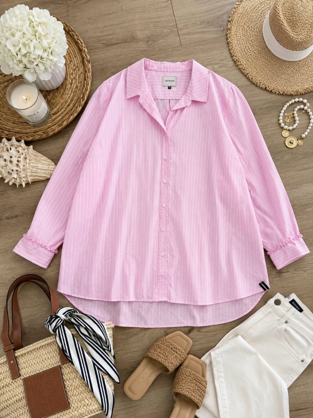 Pink Stripe Button-Up Blouse | Size 3X | Feminine Coastal Classic l Cottage Core